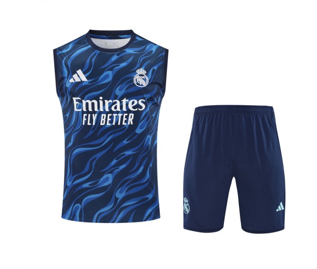 Real Madrid Mens Pre Match Sleeveless Blue Soccer Kit 2025-26