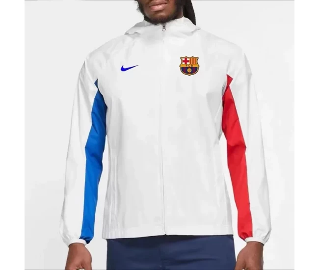 FC Barcelona Mens AWF Raglan Hoodie Soccer Jacket White 2023-24